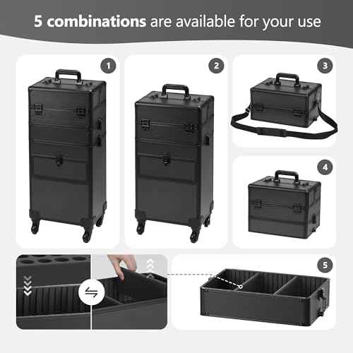 4 in 1 Rolling Makeup Case on Wheels with Drawer and Professional Cosmetic Organizers for Salon Barber - Bright Black