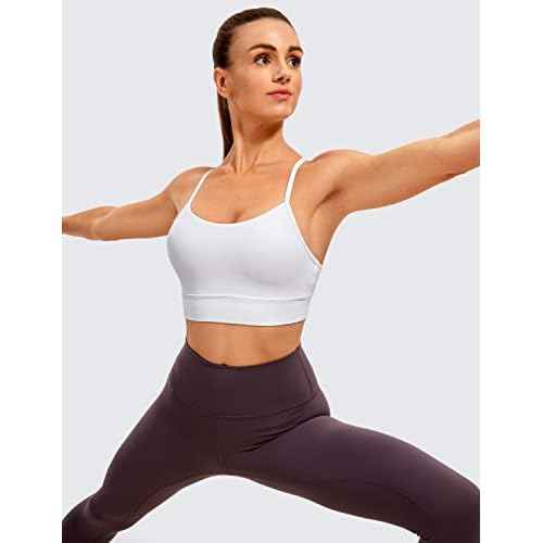 CRZ YOGA Butterluxe Womens Y-Back Racerback Sports Bra - Spaghetti Straps Wireless Scoop Neck Athletic Padded Yoga Tops White Medium