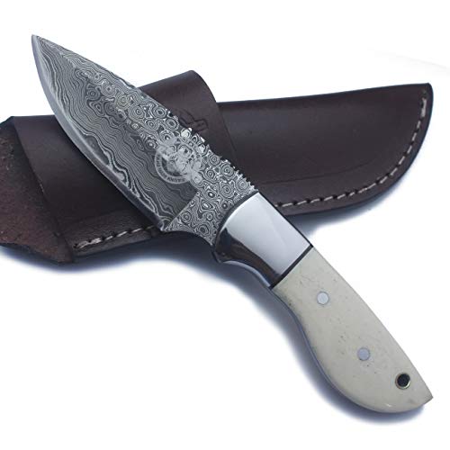 WolfKlinge Handmade Damascus Steel Fixed Blade Knife with Full Tang Bone Handle and Premium Buffalo Hide Leather Sheath fo...