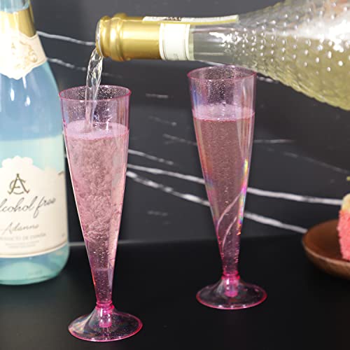 Homy Feel Pink Glitter Plastic Pink Wine Glasses 30 Pack,5 OZ Champagne Flutes Disposable for Party,Plastic Champagne Flut...