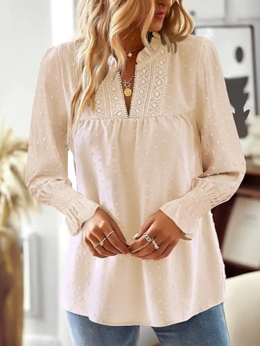 Falechay Boho Tops for Women V Neck Blouses Flowy Swiss Dot Dressy Casual Lace Womens Long Sleeve Shirts Trendy 2026