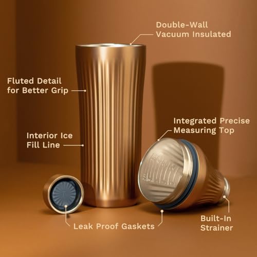 Elevated Craft Diamond Edition Hybrid Cocktail Shaker Set - Premium Vacuum Insulated Brushed Copper, 28 oz, Includes Buil...