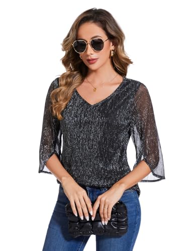 BILIKE JOMEX Women's 3/4 Sleeve Glitter Blouses Dressy Sparkly Double Layers Mesh Tops