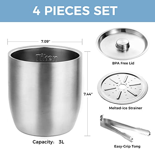 Tiken 3L Double-Wall Vacuum Insulated Ice Bucket with Lid & Tong Stainless Steel Champagne Buckets for Cocktail Bar, Parti...