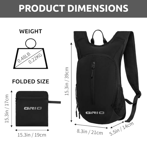 GRIO Ultralight Hiking Daypack 15L - Water-Resistant Foldable Backpack for Men & Women, Compact Packable Backpack for Outd...