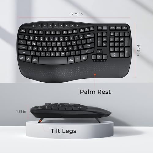 MEETION Wireless Ergonomic Keyboard, Wave Keys Firm Wrist Rest for Natural Typing, 2.4G USB-A Cordless Receiver and USB-C ...