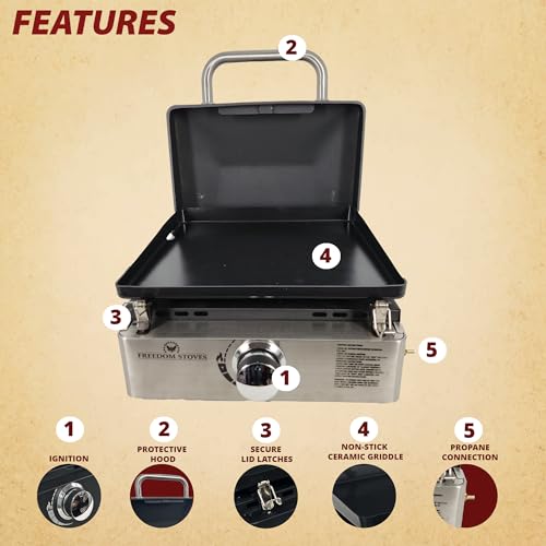 Freedom Stove 22" Propane Gas Griddle: Easy Clean Non Stick Ceramic Flat Top with Locking Lid, Utensils, Cover, 1LB & 20LB...