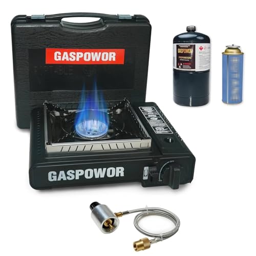 GASPOWOR Propane or Butane Stove with Windblocker, 10,000 BTU Dual Fuel Propane Stove for Camping, Automatic Ignition Gas ...
