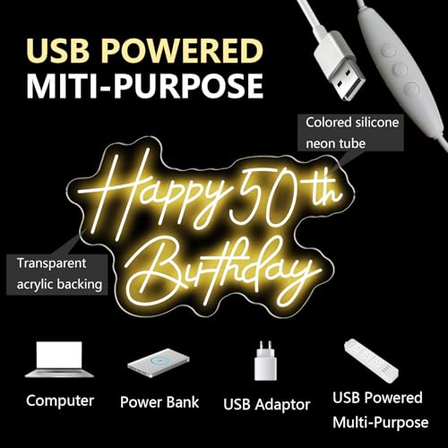 Happy 50th Birthday Neon Sign For Birthday Party16.5"*10.5" Neon Happy Birthday Led Neon Light For Party Backdrop Wall Dec...
