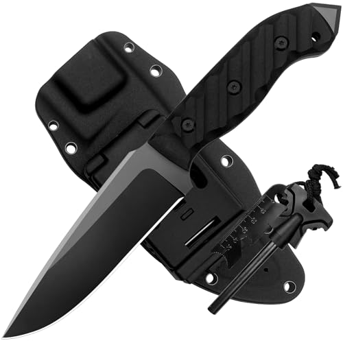 Survival Knife w Kydex Sheath,D2 Fixed Blade Steel,Full Tang Hunting Knife w Non-slip ABS Handle, Glass Breaker, Ideal for...