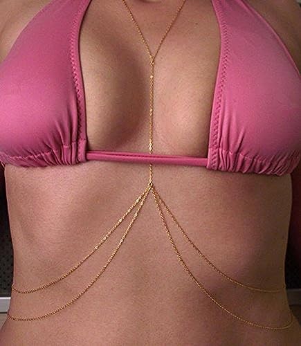 14K Gold Plated Sexy Body Chains for Women, Layered Rhinestone Crossover Bikini Bra Body Jewelry, Summer Beach Crystal Bel...