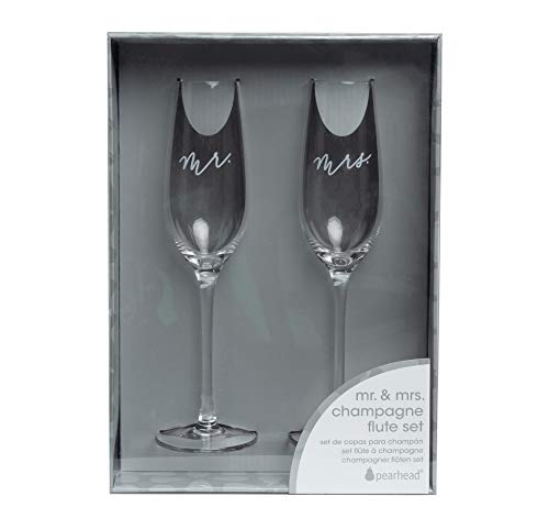 Pearhead Mr. & Mrs. Champagne Flute Set - Elegant His and Hers Wedding Toasting Glasses for Unforgettable Celebrations, Br...