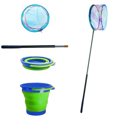 2PCS Kids Fishing Nets with Bucket - Telescoping Handle Retractable Landing Net Lightweight Aluminum Pole for Catch and Re...