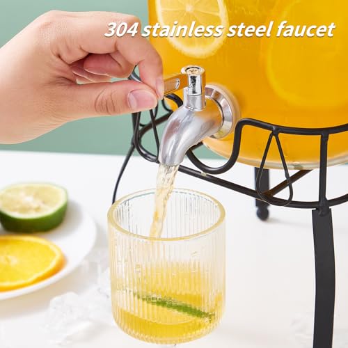 2 Gallon Glass Beverage Dispenser with Stand, Stainless Steel Spigot and Lid, Glass Drink Dispensers for Parties, Drink Di...