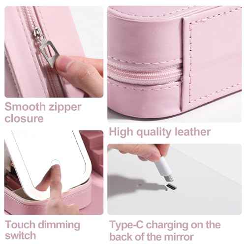 BS-MALL Travel Cosmetic Mirror Case LED Makeup Mirror Storage Case for Eyelash Station Brushes Cosmetic Tools Pink On-the-go Makeup Needs (Pink)