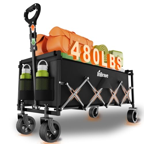 InBrave Extra Long Collapsible Wagon Cart, 480LBS Heavy Duty Utility Wagons with All-Terrain Wheels, Foldable Grocery Cart...