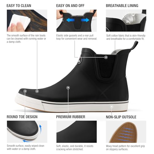 HISEA Men's Deck Boots Ankle Rain Boots Waterproof Rubber Saltwater Fishing Boot for Sailing