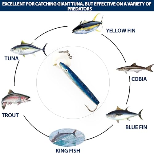 4" Cedar Plugs, 6 Pcs Blue/White Rigged, for Saltwater Fishing, Includes Lure Bag, Ideal Offshore Trolling Gear for Tuna