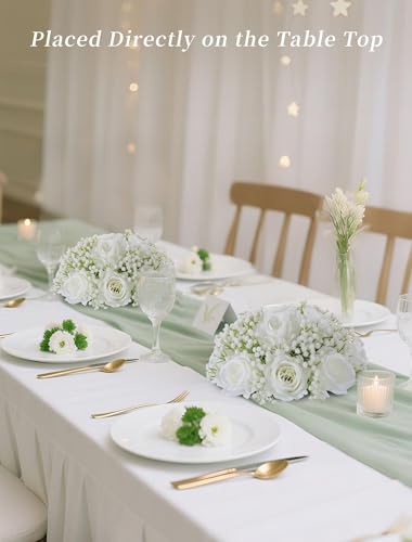BLOSMON Babys Breath Artificial Flowers: 10 Pcs White Rose Baby Breath Ball Centerpieces for Wedding Table - Fake Silk Kis...