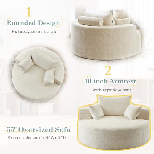 Oversized Round Chaise Longue Chair Indoor, Modern 55-inch Upholstered Chenille Deep Seat Circle Single Cloud Lounge Floor...
