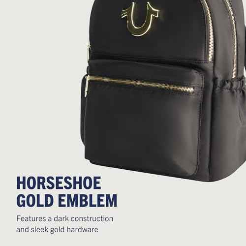 True Religion Backpack, Zip pocket, Horseshoe Logo Travel Bag, Black