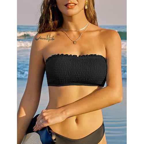 ZAFUL Women Strapless Bandeau Bikini Top Ruffle Lace up Swimsuit Solid Color Bathing Suits Tube Top Only