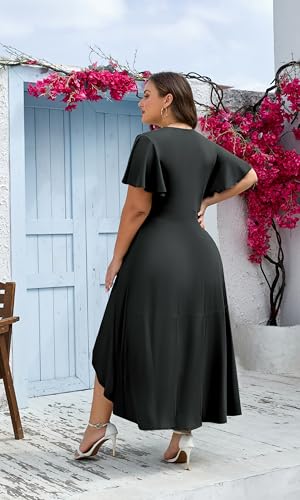Actcat Womens Plus Size Maxi Dress Ruffle Short Sleeve Elegant Wrap V Neck High Low Split Long Dress