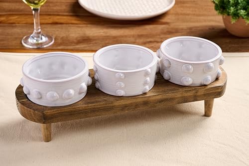 Mud Pie Beaded Dip Bowl Wood Board; Stand 5" X 7" | Dip 2" X 4" Dia