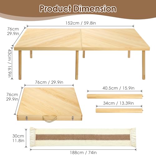 Folding Picnic Table with Table Runner, Portable Boho Low Picnic Table for Indoor Outdoor, 60" x 30" Wooden Table with Adj...