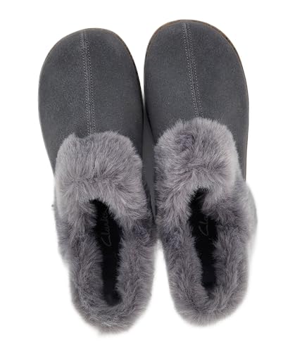 Clarks Womens Suede Leather Ankle Bootie Slipper JMH2034 - Plush Faux Fur Lined - Indoor Outdoor House Slippers For Women