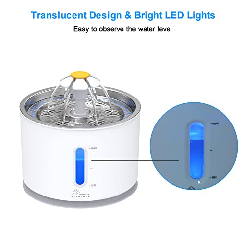 Wonder Creature Cat Water Fountain Stainless Steel, 81oz/2.4L Cat Fountain with Water Level Window and LED Light for Water...