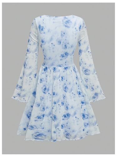 Verdusa Girl's Floral Mesh Boho Dresses Long Sleeve Ruched A Line Flowy Dress Spring Clothes Festival Outfits