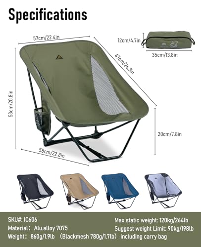 iClimb 1 Adjustable High Back Anti-Sinking Chair and 1 Low Back Chair Bundle, Ultralight Compact for Two Person Outdoor Ca...
