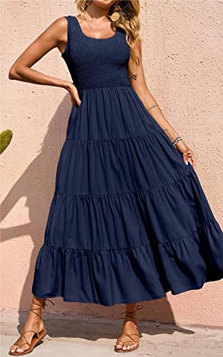 PRETTYGARDEN Women's 2026 Casual Loose Plain Maxi Sundress Smocked Tank Dress Sleeveless Spring Beach Tiered Long Dresses