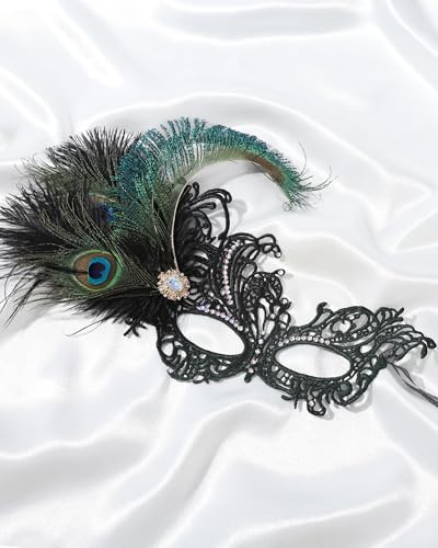 Zinniday Feather Masquerade Mask for Women - Halloween Lace Eyemask with Removable Peacock Feathers, Venetian Party Masks
