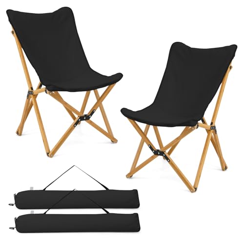 Tangkula Camping Chairs 2 Pack, Portable Folding Lawn Chair with Solid Bamboo Frame, Ultralight Canvas Seat, Back Pocket, ...