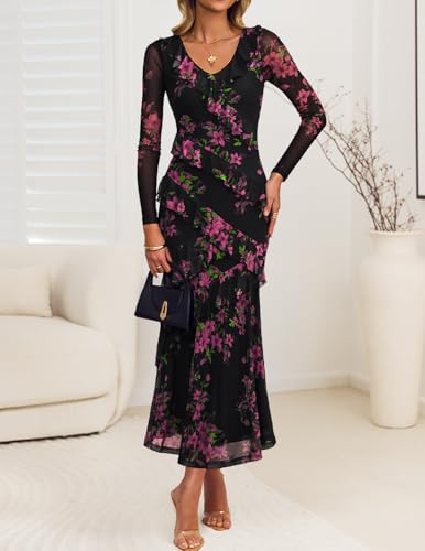 ZESICA Women's Fall Floral Long Sleeve Maxi Dress 2026 Boho Bodycon V Neck Ruffle Wedding Party Long Dresses