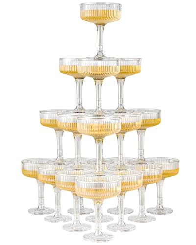 DORONAN 20 Pack Plastic Champagne Tower, 7oz Champagne Coupe Unbreakable Plastic Cocktail Glasses Acrylic Martini Glasses ...