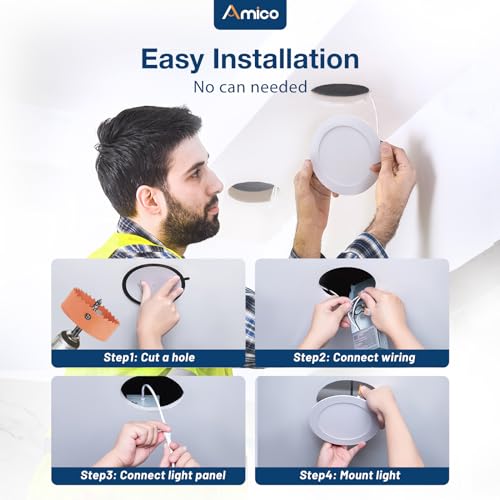 Amico 12 Pack 6 Inch 5CCT Ultra-Thin LED Recessed Ceiling Light with Junction Box, 1050LM Brightness, Dimmable Canless Waf...