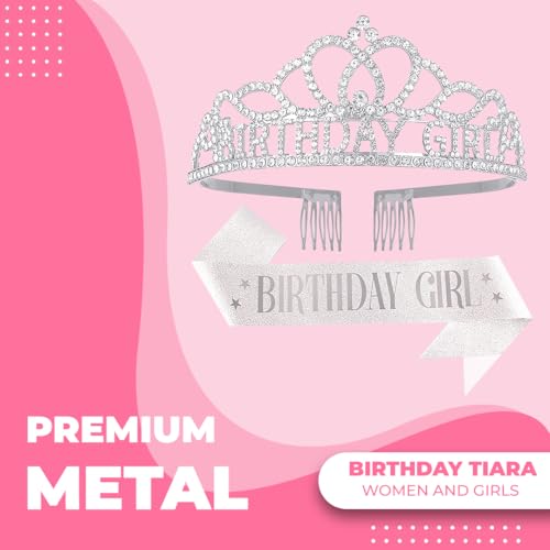 Papoopy Birthday Tiara and Crown with Sash for Women, Hair Accessories for Wedding Party Costume (A1 - Silver)