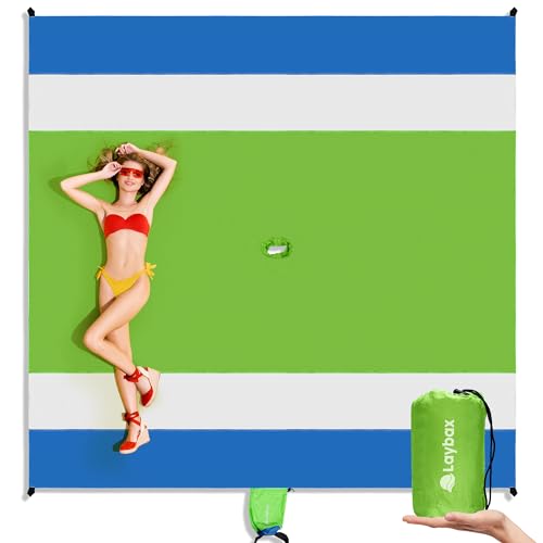 Laybax Green Water-Resistant, Sandproof 10x9ft Beach Blanket With Umbrella Hole–Beach Mat, Compact and Lightweight, Stuff ...
