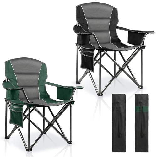 LANMOUNTAIN 2 Pack Padded Oversized Camping Chairs for Adults,Heavy Duty Support 400 Lbs,Folding Portable Lawn Chair w/Cup...