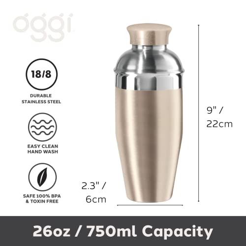 OGGI Classic Cocktail Shaker Gold Stainless - 26 oz, Stainless Steel Construction, Built in Strainer - Ideal Home Bar Drin...