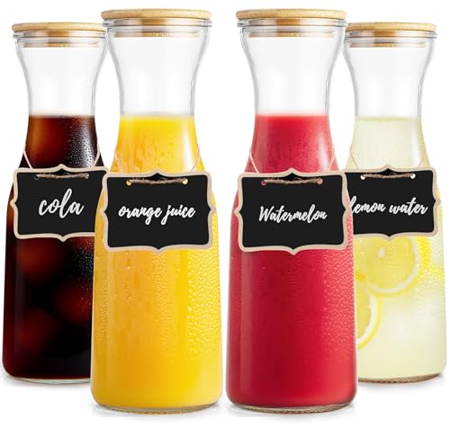 Glass Carafe with Bamboo Lid,35 Oz Beverage Dispensers Carafe,Mimosa Bar Supplies,Clear Glass Pitcher with Name Labels for...