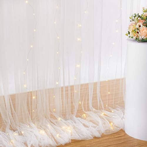 Tulle Backdrop Curtain with Lights: 2 Pcs 5×10ft White Sheer Fabric Background - Wedding Party Birthday Photo Decor