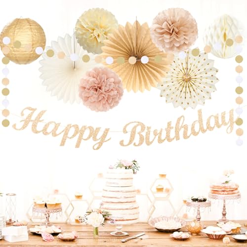 Champagne-Gold Beige Fall Boho Birthday Party-Decorations - 21pcs Autumn Neutral Retro Happy Banner,Girl One Sweet Peach P...