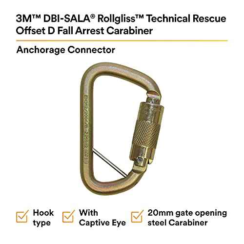 3M DBI-SALA Saflok 2000117 Carabiner, 11/16" Gate Opening Steel, with Self Closing Locking Gate, Yellow-Zinc