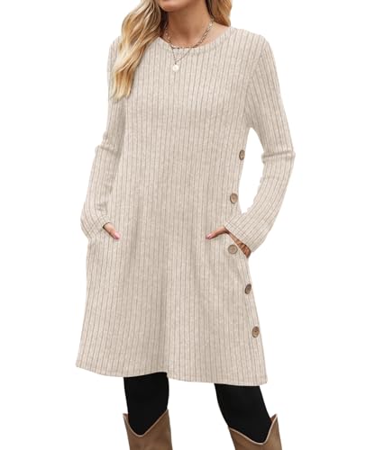 OFEEFAN Fall and Winter Tunic Dress with Pockets Long Sleeve Crew Neck Buttons Side