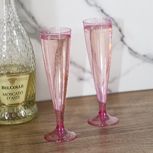 Homy Feel Pink Glitter Plastic Pink Wine Glasses 30 Pack,5 OZ Champagne Flutes Disposable for Party,Plastic Champagne Flut...