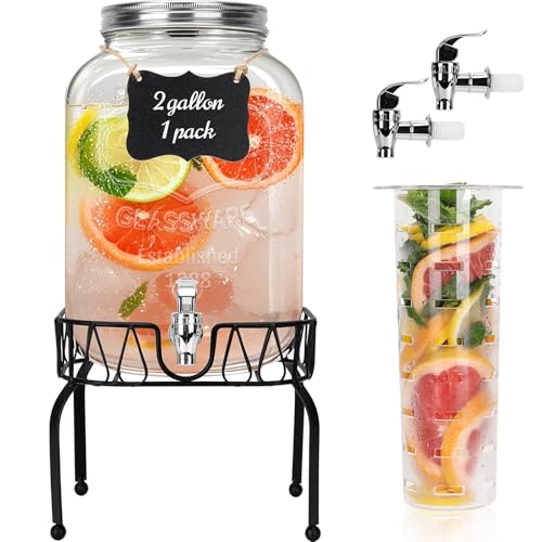 DHSBTLS 2 Gallon Glass Drink Dispensers, 1 Pack Clear Beverage Dispenser for Party, BBQ and Picnic, Juice Dispenser with I...